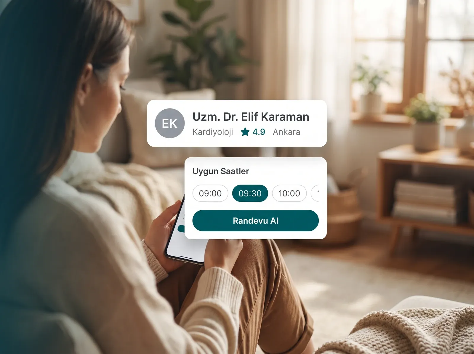 Telefonundan randevu alan bir kişi; görüntünün üzerinde Doktor Pusulası'nın hekim profili ve uygun saat kartları yüzüyor.