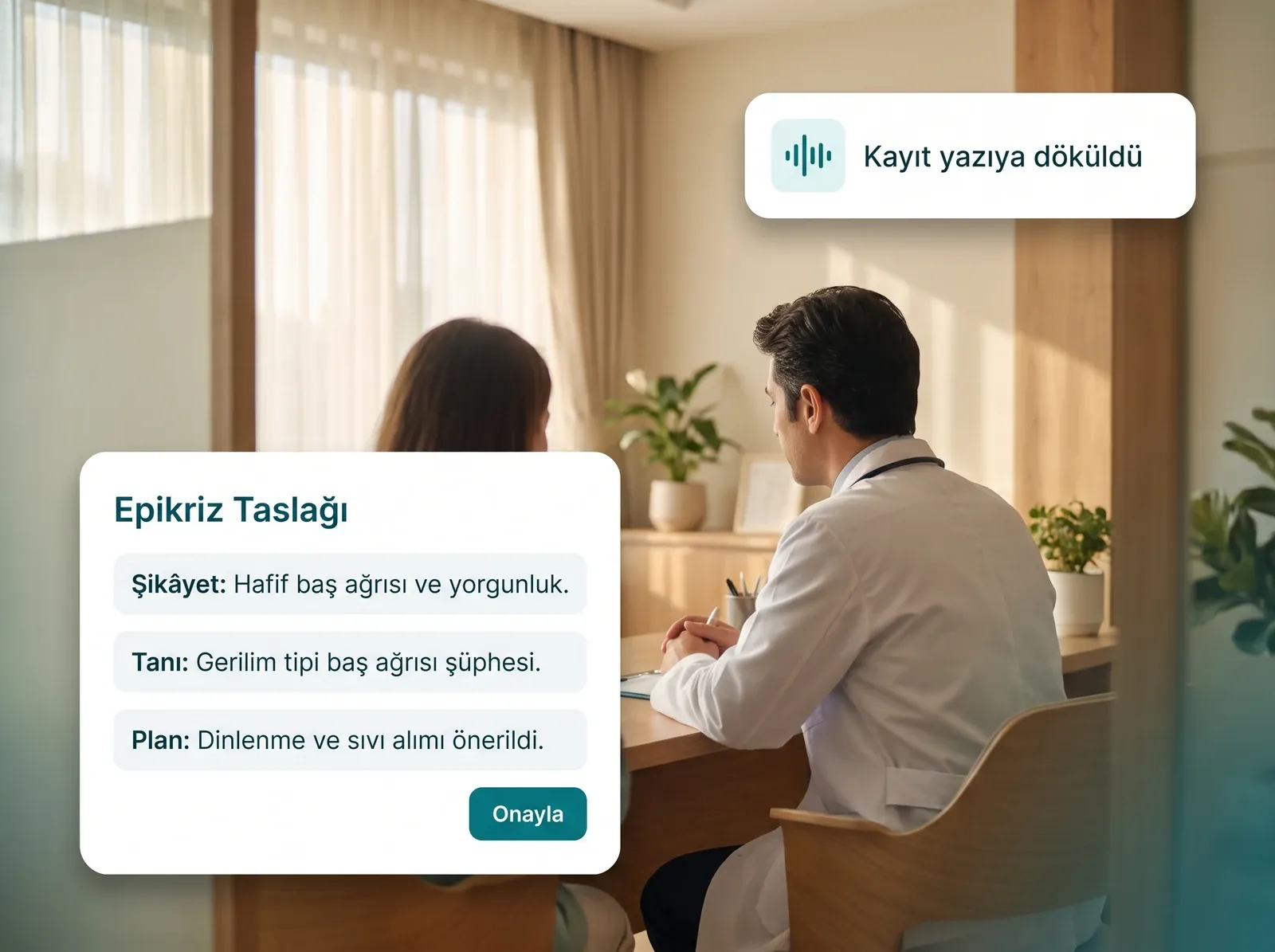 Muayene odasında hastasını dinleyen bir hekim; görüntünün üzerinde Recap Medica'nın 'Kayıt yazıya döküldü' durumu ve epikriz taslağı kartları yüzüyor.